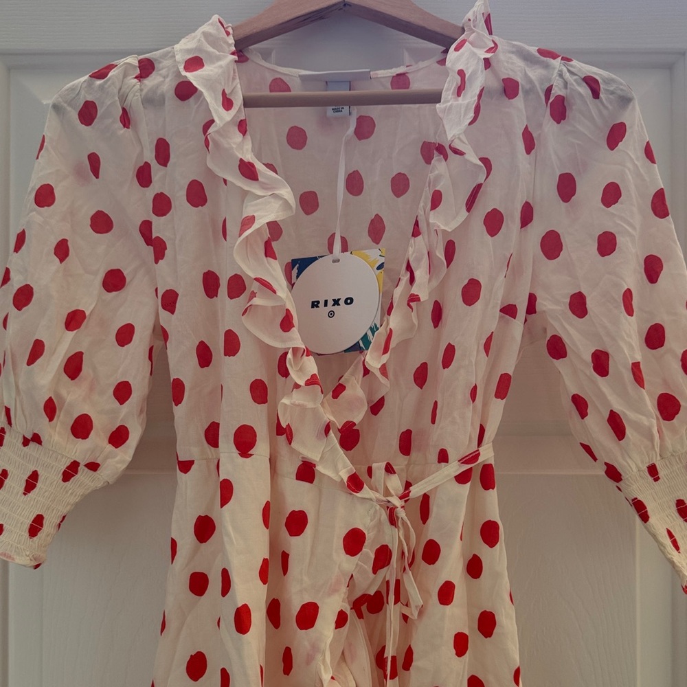 Rixo White Dress with Red Polka Dots XS nwt